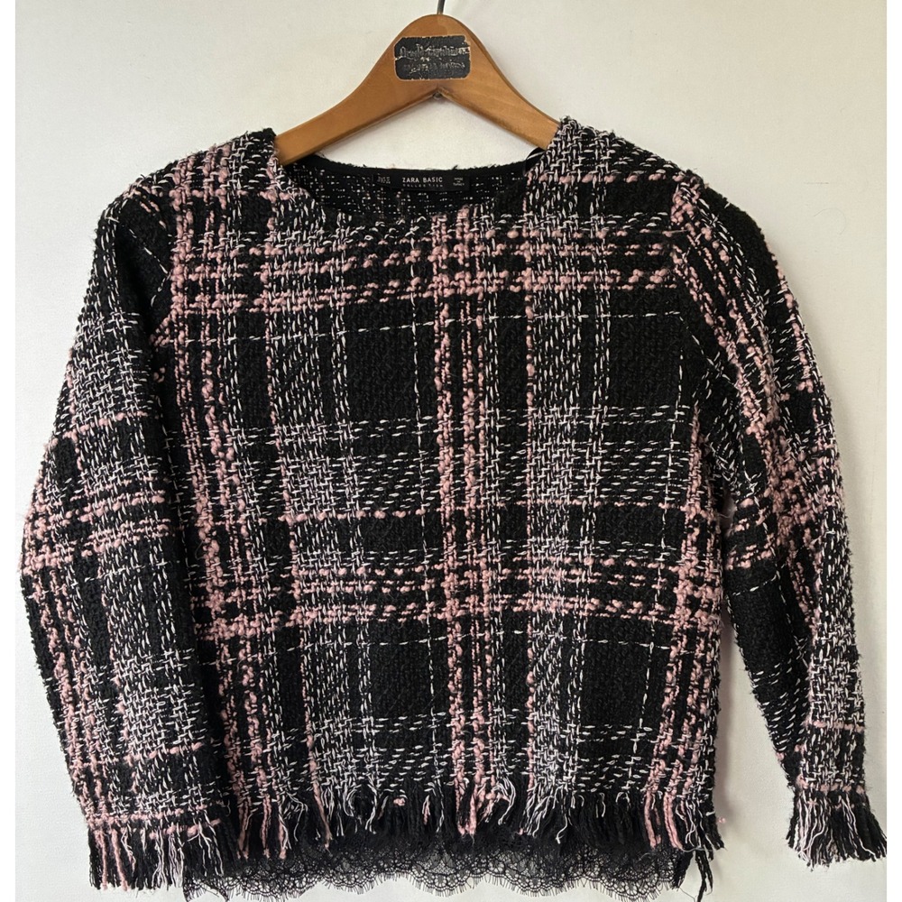 Zara Basic Pink Black Plaid Tweed Fringe Lace Trim Sweater Top Size Medium